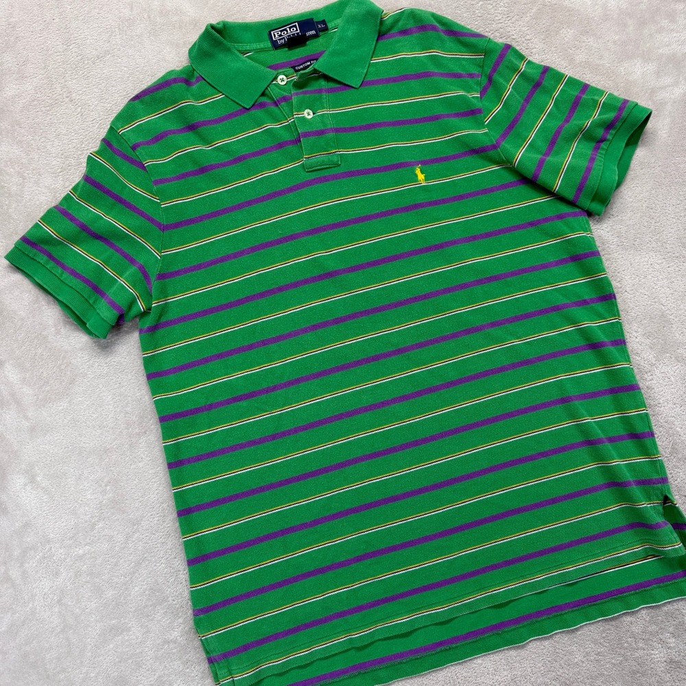 Polo by Ralph Lauren Green Striped Polo with Purple and Yellow Accents